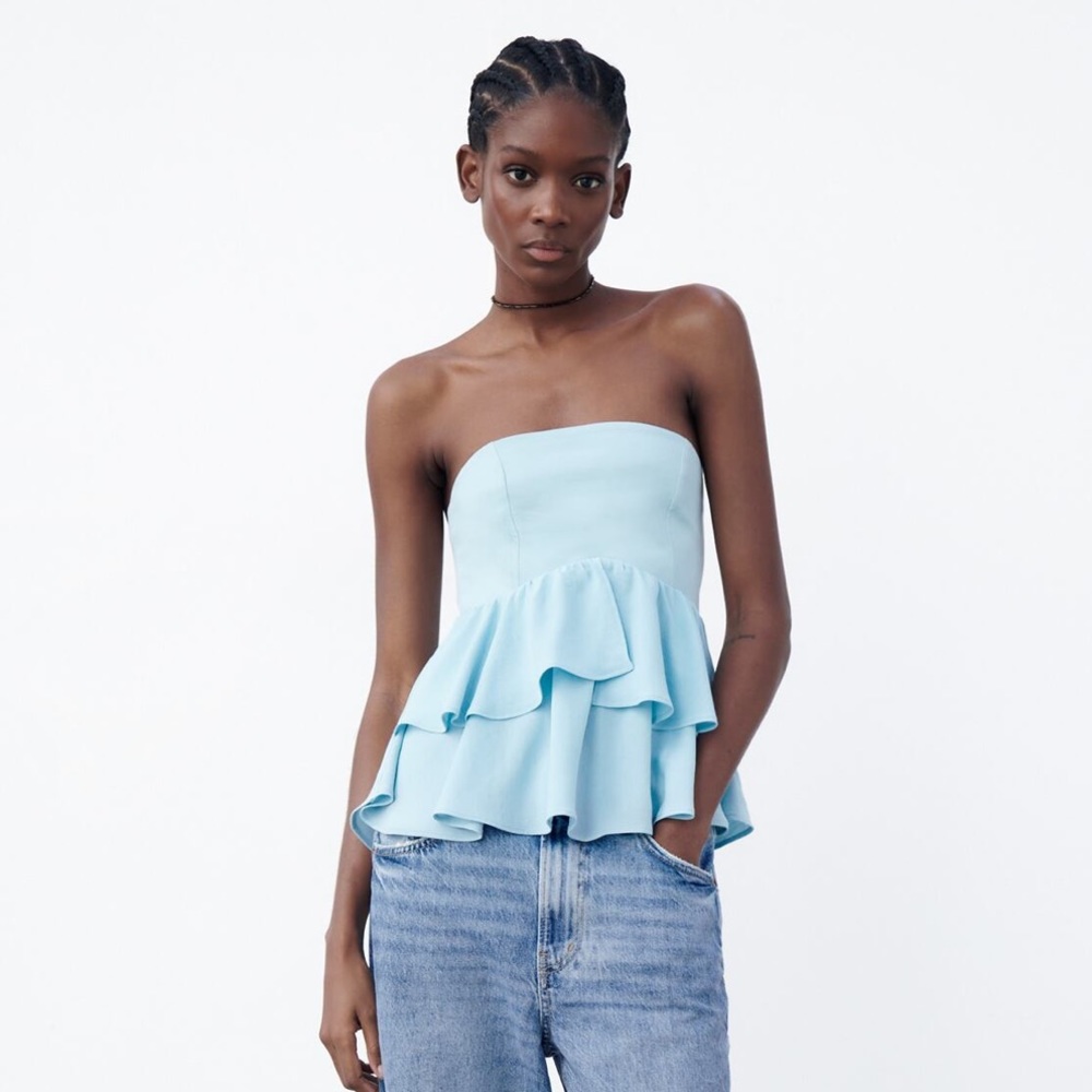 Zara Light Blue Strapless Ruffle Top